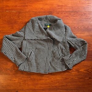 Lauren Ralph Lauren houndstooth jacket wool blend moto zip wide cape collar l-xl